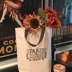 Fall ,Canvass Tote Bag, Farmers Market Tote, French Market Tote, Shopping Bag, Embroidered Bag, Paris Flower Market Tote, Book Bag