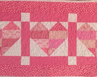 Heart Quilt  Sweetheart Quilt Valentine Quilt Pink Patchwork Quilt  Three Heart Table Runner Home Decor