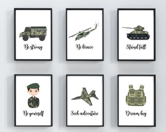 Set of 6 kids military/cadet style wall prints. Multiple sizes to choose physical prints. Kids room. Home decor.