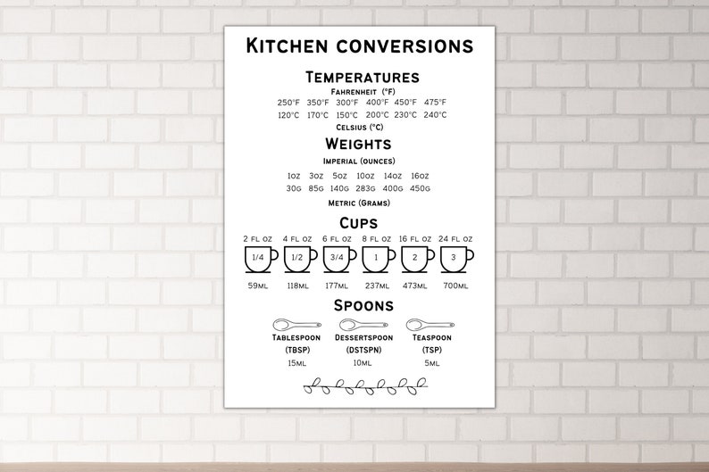 Kitchen Conversion Chart Monochrome Design A4 A3 Sized Instant kitchen-conversion-chart-monochrome-design-a4-a3-sized-instant