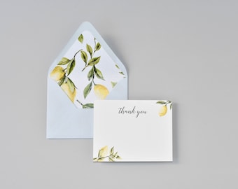 Lemon Citrus Thank You Cards with Blue Envelopes and Lemon Envelope Liners / #1212
