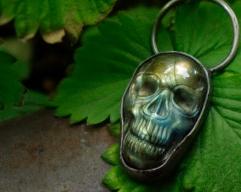 Labradorite skull in sterling silver necklace pendant goth gothic witchy santa muerte green stone natural ooak carved