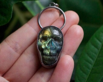 Labradorite skull in sterling silver necklace pendant goth gothic witchy santa muerte green stone natural ooak carved
