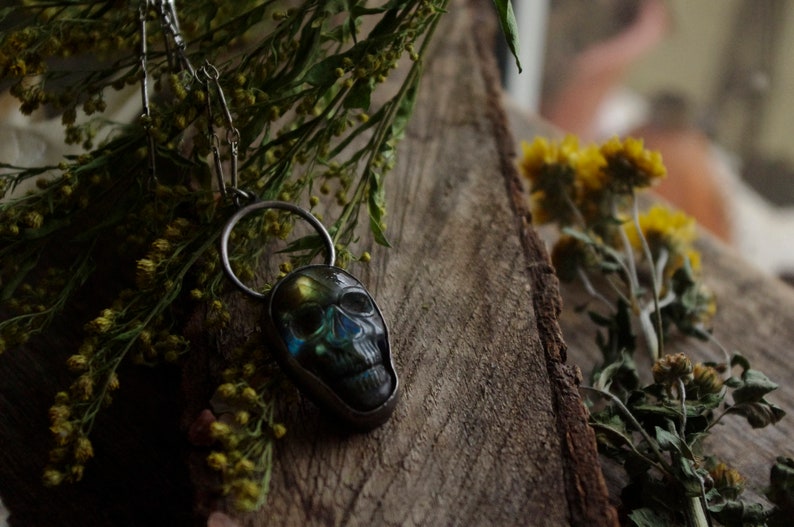 Labradorite skull in sterling silver necklace pendant goth gothic witchy santa muerte green stone natural ooak carved