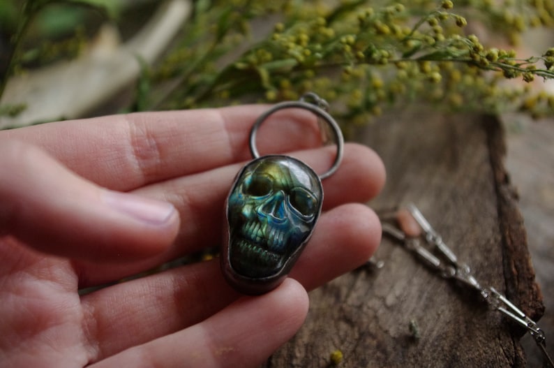 Labradorite skull in sterling silver necklace pendant goth gothic witchy santa muerte green stone natural ooak carved