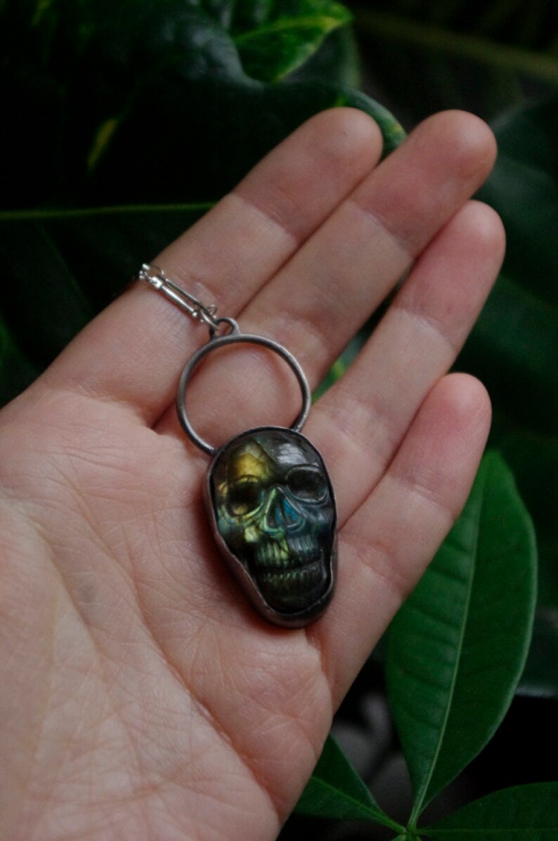 Labradorite skull in sterling silver necklace pendant goth gothic witchy santa muerte green stone natural ooak carved