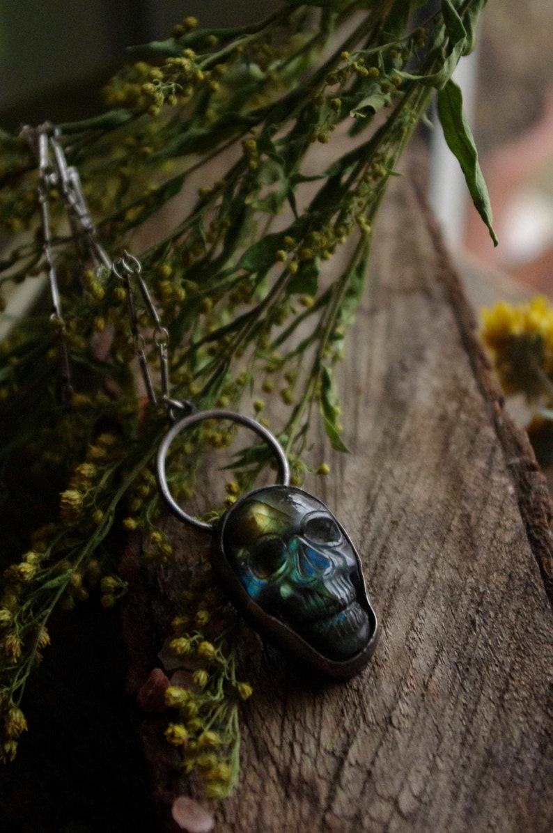 Labradorite skull in sterling silver necklace pendant goth gothic witchy santa muerte green stone natural ooak carved