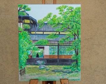 Acrylic painting landscape japanese style traditional art ancient house for living room entryway wall decor