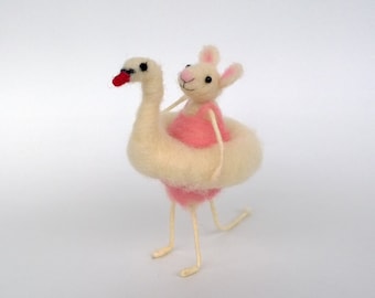 Tiny mouse swimmer Cute animal pink swimwear Art doll Handmade figurine felt Waldorf toy Wool mice Swan swimming float eco friendly