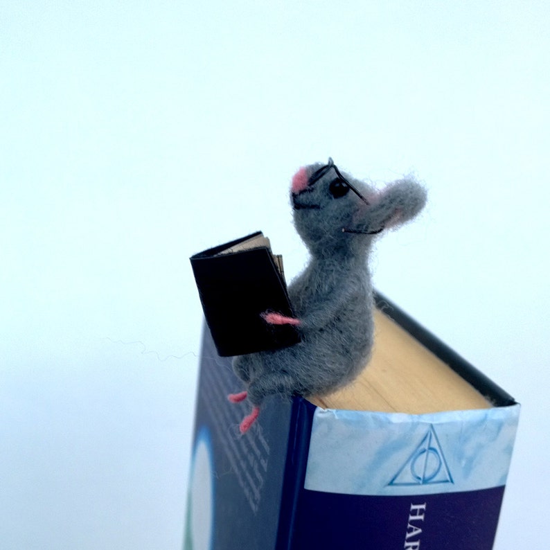 Animal bookmark reading book Felt gray mouse glasses Back to school gift Woolen miniature Cute Book lovers Unique figurine bookmark Woodland image 3