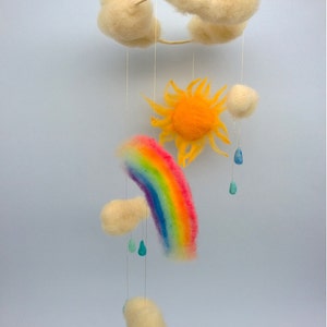 May include: A felt mobile with a yellow sun, a rainbow, white clouds, and blue raindrops. The mobile is suspended from a wooden ring.
