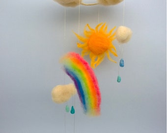 Rainbow mobile Felt sun clouds raindrops Baby crib décor Waldorf Nursery mobile Colorful Spring mobile Ombre colors Children’s cloud room