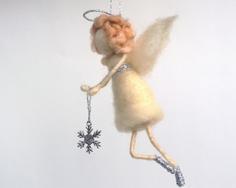 Christmas angel silver snowflake ornament Waldorf angel Christmas tree angel Hanging figurine Holiday gift idea Xmas décor Felt angel Rustic