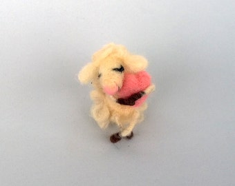 Valentines day gift Miniature lamb Mother's day gift Sheep Lamb pink heart Woolen animal felted Aries needle felt ewe Organic gift Soft