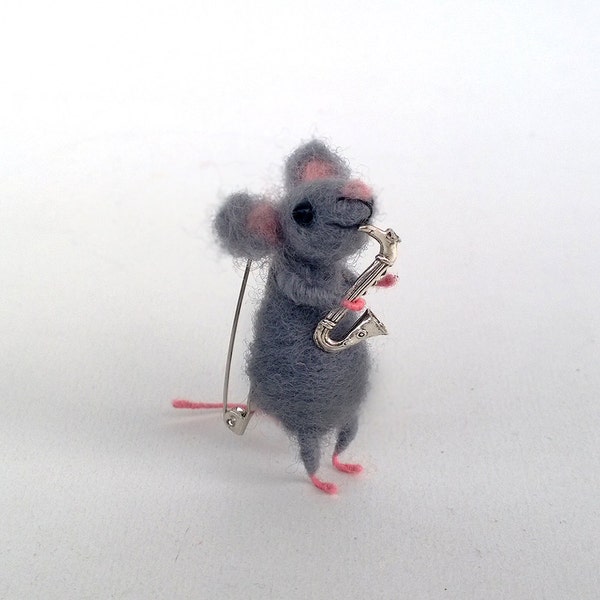 Needle felt mouse brooch with saxophone Unique animal Accessory Cute gift Miniature mouse Waldorf inspired jewelry Woolen Whimsical brooch