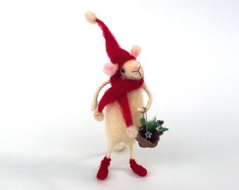 Tiny animal Christmas mouse Dollhouse felt décor Xmas ornament Whimsical woolen Mouse red hat scarf Animal dressed Waldorf collectable doll