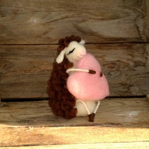 Felted sheep dreaming love Aries gift Needle felted animal Valentines day Black sheep figurine Pink heart Lambs lover Love gift Waldorf wool