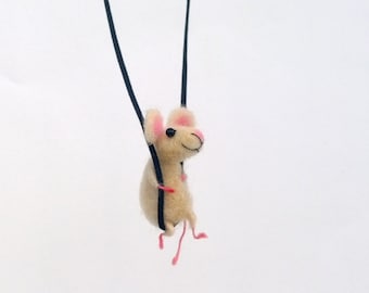 Mouse necklace jewelry White miniature woolen mouse Charm animal necklace Unique pendant Felt Accessory miniature mice Unique cute handmade
