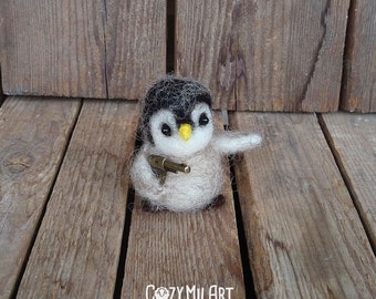 Penguin brooch Funny animal accessory Cute baby penguin gift Miniature animal with gun felted miniature gift for policeman funny gift