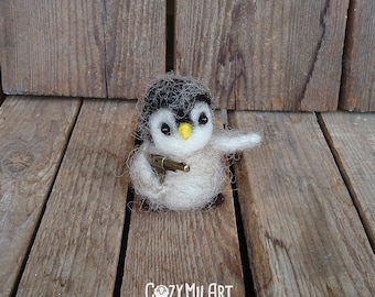 Penguin brooch Funny animal accessory Cute baby penguin gift Miniature animal with gun felted miniature gift for policeman funny gift