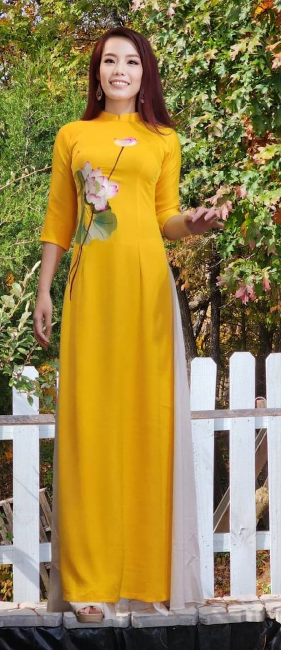 AO Dai Vietnamese Dress Embroidery Lotus HOA Sen Dress Only AO Dai Vietnamese Dress Embroidery Lotus HOA Sen Dress Only