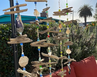 Driftwood Mobile, Suncatcher with Seashells and Recycled Glass Beads
