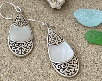 MOTHER of PEARL White Shell Dangle Earrings/Sterling Silver/Beachy MOP Drop Earrings/Unique Coastal Jewelry Gifts