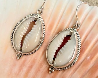 COWRIE SHELL EARRINGS with Sterling Silver/Beachy Boho Jewelry/Unique Handmade Shell and Silver Earrings/Ocean Inspired Gift/Island Girl