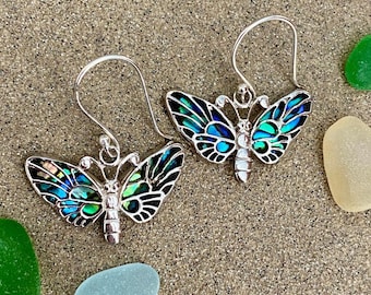 ABALONE STERLING SILVER Handmade Butterfly Earrings/Paua Shell/Bali, Beachy, Coastal, Tropical Jewelry Gift