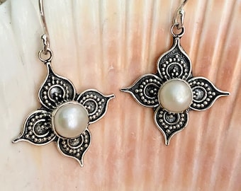 PEARL EARRINGS with Bali Sterling Silver Flower and Ear Wires/Unique Pearl Earrings with Sterling Silver/Beachy Boho Pearl Gift