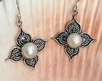 Bali Sterling Silver Pearl Earrings: Handmade Flower Design