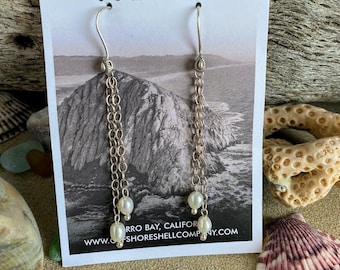 Freshwater Pearl Sterling Silver Chain Earrings: Bali Silver Hooks