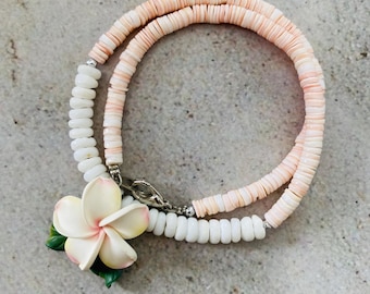 Vintage Hawaiian Choker, Conch and Clam Shell Heishi Beads, Handmade Fimo Clay Plumeria Flower. 14.5 Inches #vin0014