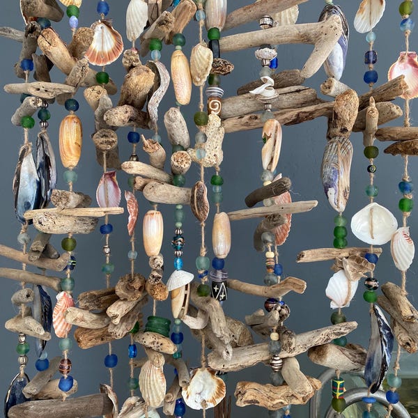 Valhalla Ladder Driftwood Mobile, Seashell Glass Bead Garland, Coastal Boho Wall Art