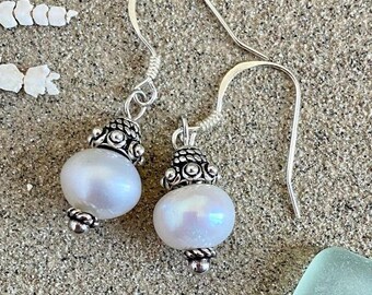 Freshwater Pearl Earrings: Bali Sterling Silver, Beachy Boho