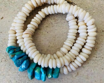 Vintage 16” Turquoise and Puka Shell Necklace Beautiful Southwestern, Surfer Jewelry Gift, Naturally Tumbled by the Ocean.
