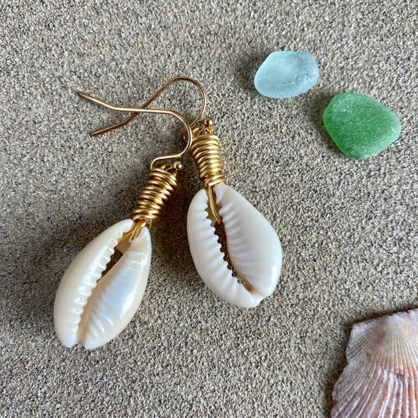 COWRIE SEASHELL EARRINGS Dangle From Small Hoops or Ear Wires/Beachy Boho Jewelry/Handmade Shell Earrings/Ocean Inspired Gift/Surfer Girl