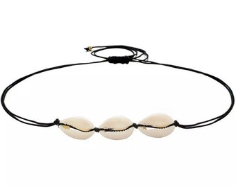 COWRIE SHELL CHOKER with Strong Adjustable Woven Black Cord and Small Brass Accent Beads/Beachy Boho Jewelry/Surfer Girl Gift/Ocean Inspired