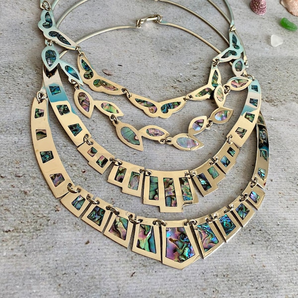 VINTAGE ABALONE NECKLACE From Taxco Mexico/Alpaca Silver Abalone Shell Bib Collar Necklace/Unique Beachy Boho Jewelry Gift