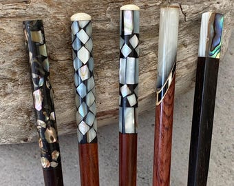 Shell Inlay Wooden Hair Stick – Mother of Pearl & Abalone Hair Pin – 7” Handmade Hair Accessory – Bun Holder – Choose Your Favorite Design