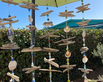 Artisan Driftwood Mobile with Seashells and Ghana Glass Beads