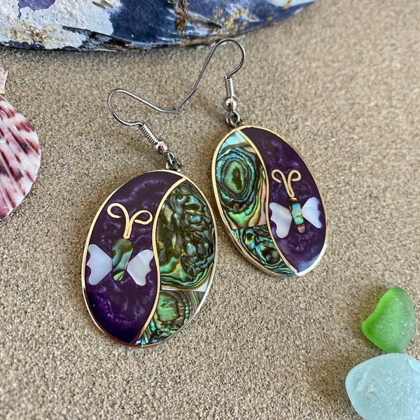 VINTAGE ABALONE EARRINGS from Taxco Mexico/Butterfly and Hummingbird Abalone Shell and Mother of Pearl Inlay Alpaca Silver Earrings/Beachy