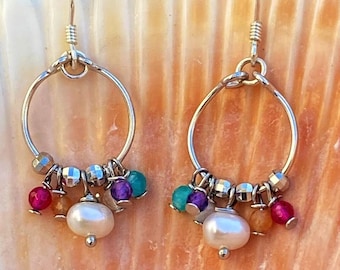 Sterling Silver Pearl Hoop Earrings: Faceted Stone Dangles