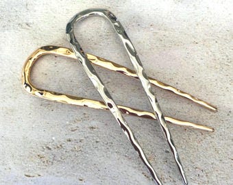 Gold or Silver Metal Hair Fork Two Piece Set U-Shaped Bun Holder 5.5” Long Hammer Textured Updo Hair Holder French Hair Pin