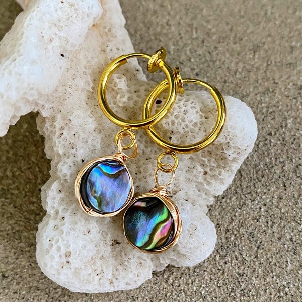 ABALONE HOOP EARRINGS/Clip-On/Surgical Stainless Steel Gold Plated/Wire Wrapped Paua Shell Dangle From Small Hoops/No Piercing Needed/Gift