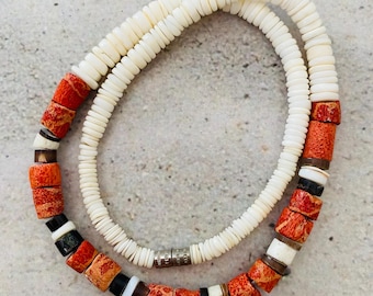 Vintage White Shell Heishi Necklace with Red Sponge Coral & Pen Shell Beads 15.5” Long Graduated Beach Boho Native American Choker