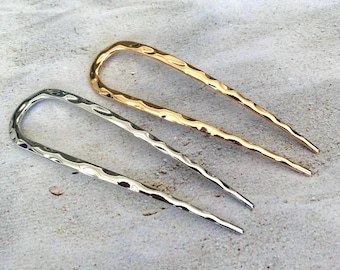 Textured Gold or Silver Hair Fork Set: U-Shaped Bun Holder, 5 Inches long, 2-Pack