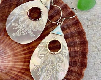 Mother of Pearl Earrings: Sterling Silver Teardrop Dangles with Hand-Carved Flower