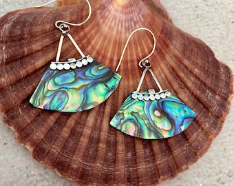 Abalone Shell Earrings: Sterling Silver Fan, Beachy Coastal Jewelry
