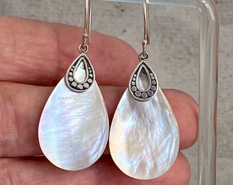 Mother of Pearl Sterling Silver Earrings: Teardrop Boho Jewelry